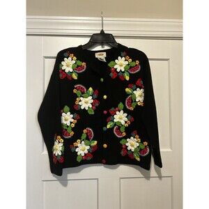 Vintage Crochet Fruit Applique Black Cardigan Sweater Petite Small Whimsy Fairy